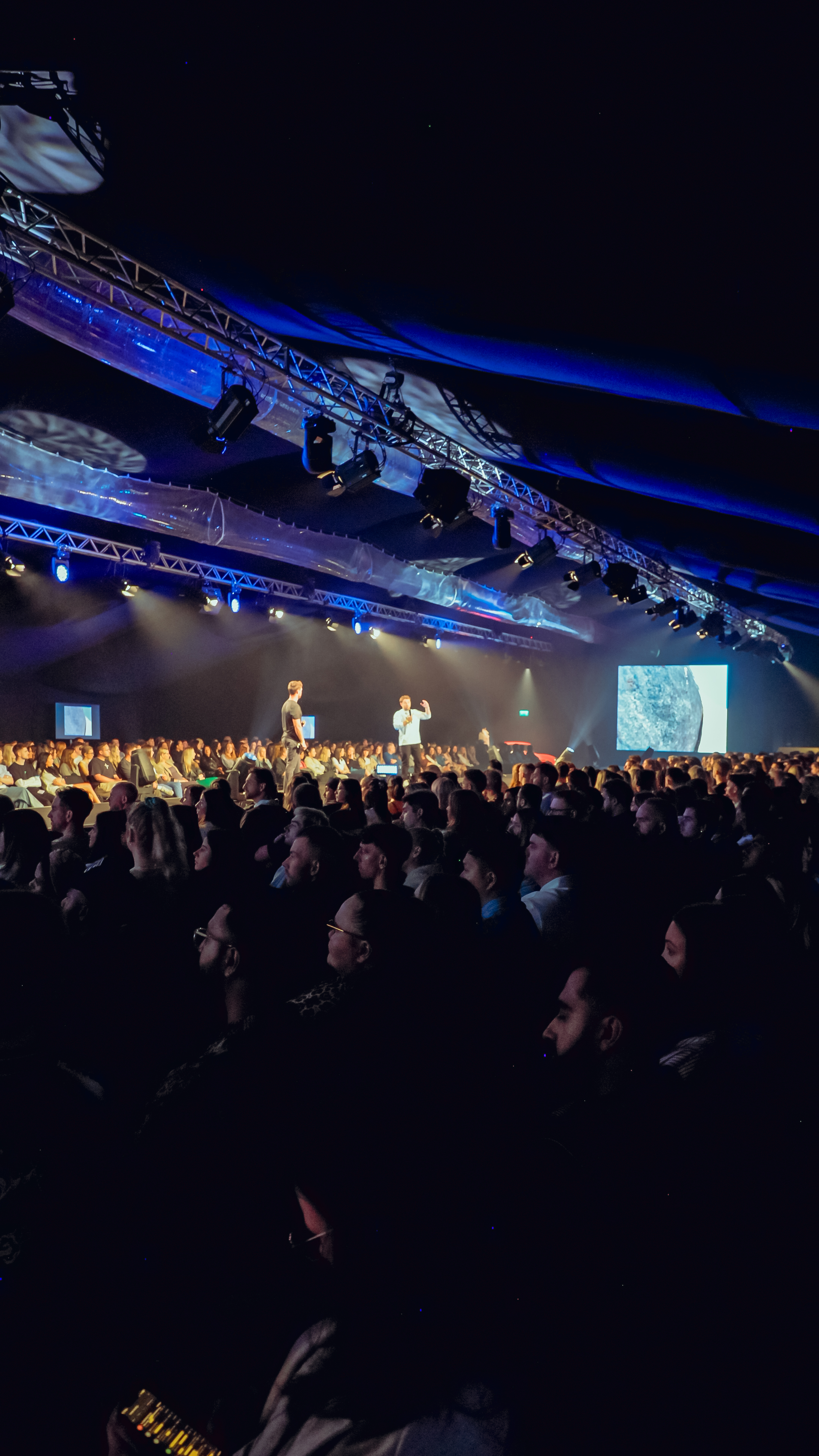 The Tempest Two speaking to a packed Gymshark arena